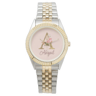 Individuelle Name Goldfolie Rosa Rose Buchstabe A Armbanduhr