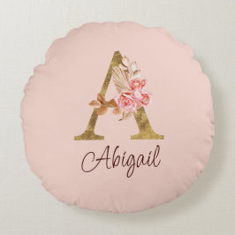 Individuelle Name Goldfolie Rosa Rose Buchstabe A Rundes Kissen