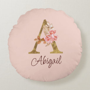 Individuelle Name Goldfolie Rosa Rose Buchstabe A Rundes Kissen