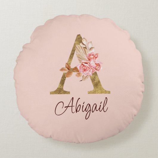 Individuelle Name Goldfolie Rosa Rose Buchstabe A Rundes Kissen (Vorderseite)