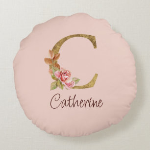 Individuelle Name Goldfolie Rosa Rose Letter C Rundes Kissen