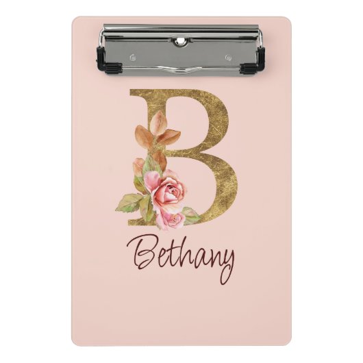 Individuelle Name Goldfolie Rosa Rosen Buchstabe B Mini Klemmbrett (Vorderseite)
