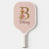 Individuelle Name Goldfolie Rosa Rosen Buchstabe B Pickleball Schläger (Rückseite)