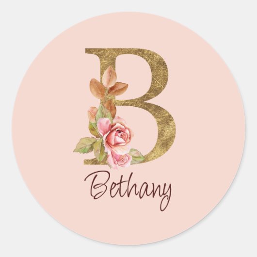Individuelle Name Goldfolie Rosa Rosen Buchstabe B Runder Aufkleber (Vorderseite)