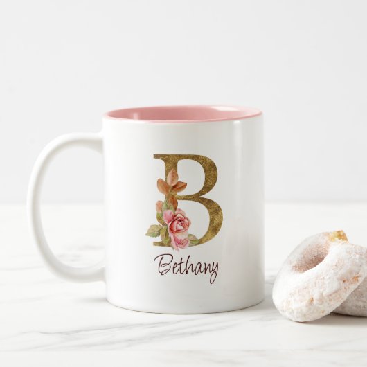 Individuelle Name Goldfolie Rosa Rosen Buchstabe B Zweifarbige Tasse (Mit Donut)