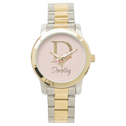 Individuelle Name Goldfolie Rosa Rosen Buchstabe D Armbanduhr (Vorderseite)