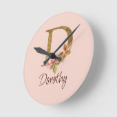 Individuelle Name Goldfolie Rosa Rosen Buchstabe D Runde Wanduhr (Winkel)