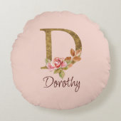 Individuelle Name Goldfolie Rosa Rosen Buchstabe D Rundes Kissen (Vorderseite)