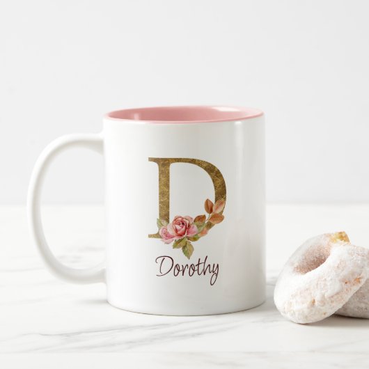 Individuelle Name Goldfolie Rosa Rosen Buchstabe D Zweifarbige Tasse (Mit Donut)