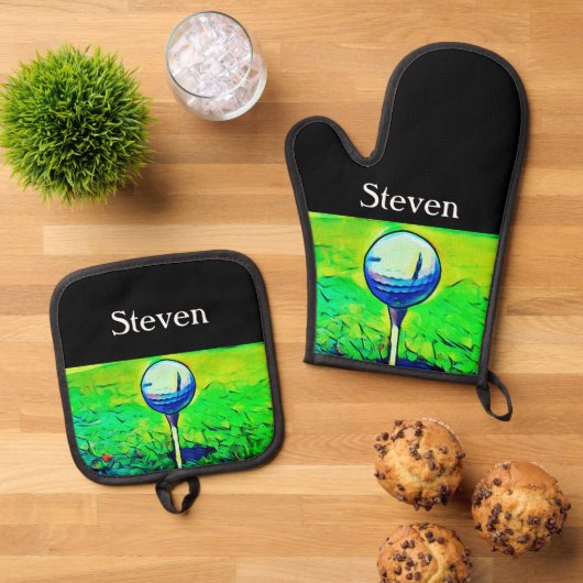 Individuelle Name Golf Marker Golf Ball Ofenhandschuh & Topflappen-Set (Oben Unten)