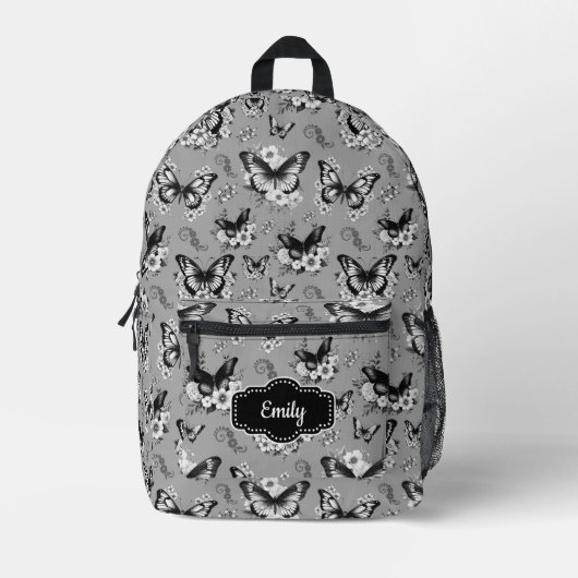 Individuelle Name Grau Butterfly Backpack Bedruckter Rucksack (Vorderseite)