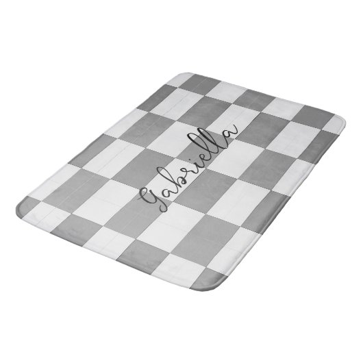 Individuelle Name-Graue Karo-Blockstruktur Badematte (Schrägansicht)