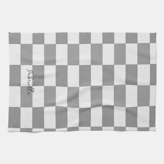 Individuelle Name-Graue Karo-Blockstruktur Geschirrtuch (Horizontal)
