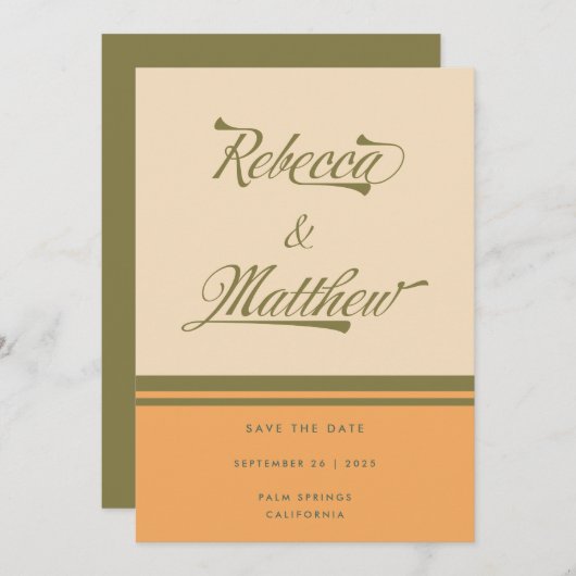 INDIVIDUELLE NAME Green 70er Stripes Retro Hochzei Save The Date (Vorne/Hinten)