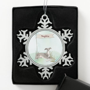 Individuelle Name Greyhound Pet Dog Schneeflocken Zinn-Ornament