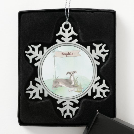 Individuelle Name Greyhound Pet Dog Schneeflocken Zinn-Ornament (Box)