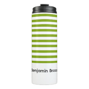 Individuelle Name, grün und weiß Streifen Thermosbecher