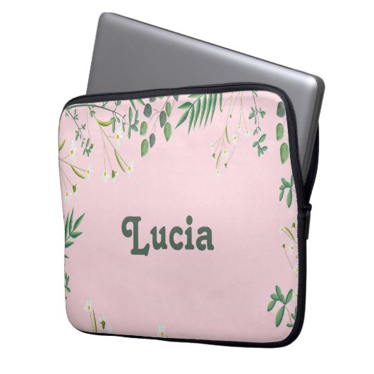 Individuelle Name grüne Blätter auf rosa Laptopschutzhülle (Vorderseite Links)