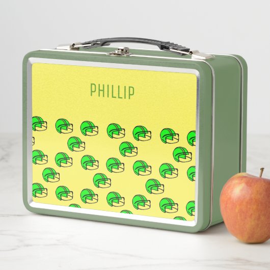 Individuelle Name-Grünfußballhelm gelb Metall Brotdose (Beispiel)