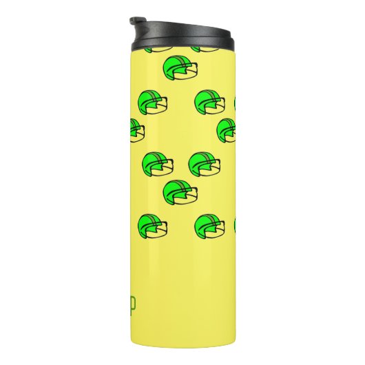 Individuelle Name-Grünfußballhelm gelb Thermosbecher (Nach rechts gedreht)