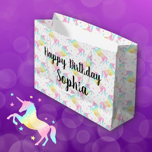 Individuelle Name Happy Birthday Rainbow Unicorn Große Geschenktüte