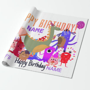 INDIVIDUELLE NAME HAPPY MONSTER BIRTHDAY WRAPPING GESCHENKPAPIER