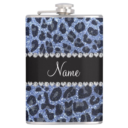 Individuelle Name hellblauer Glitzer Leopard Flachmann (Vorderseite)