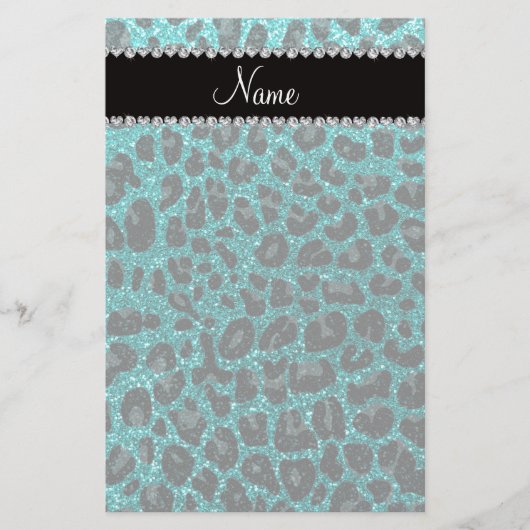Individuelle Name heller Aqua-Glitzer Leoparddruck Briefpapier (Vorderseite)
