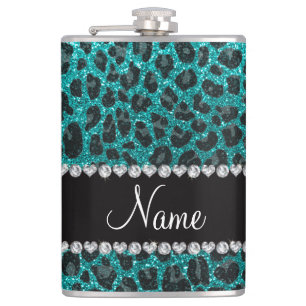 Individuelle Name heller Aqua-Glitzer Leoparddruck Flachmann