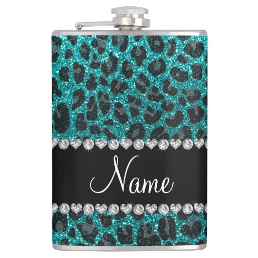 Individuelle Name heller Aqua-Glitzer Leoparddruck Flachmann (Vorderseite)