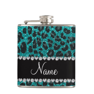 Individuelle Name heller Aqua-Glitzer Leoparddruck Flachmann