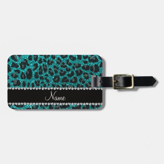 Individuelle Name heller Aqua-Glitzer Leoparddruck Gepäckanhänger (Vorderseite horizontal)