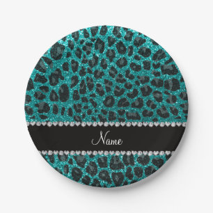 Individuelle Name heller Aqua-Glitzer Leoparddruck Pappteller