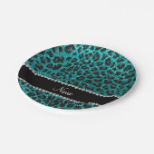 Individuelle Name heller Aqua-Glitzer Leoparddruck Pappteller (Schrägansicht)