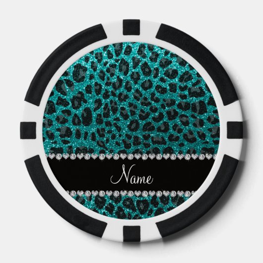 Individuelle Name heller Aqua-Glitzer Leoparddruck Pokerchips (Vorderseite)