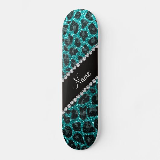 Individuelle Name heller Aqua-Glitzer Leoparddruck Skateboard (Vorderseite)
