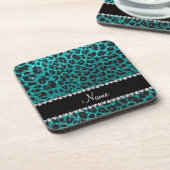 Individuelle Name heller Aqua-Glitzer Leoparddruck Untersetzer (Linke Seite)
