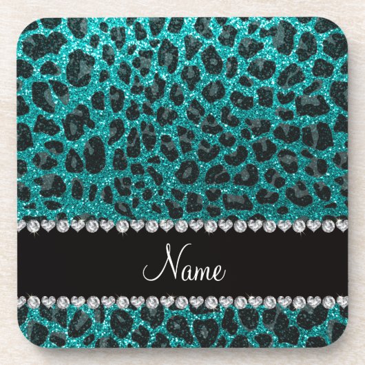 Individuelle Name heller Aqua-Glitzer Leoparddruck Untersetzer (Vorderseite)