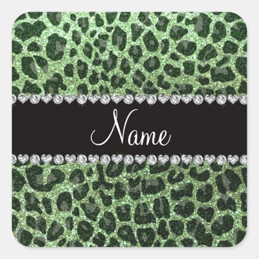 Individuelle Name hellgrün Glitzer Leopard Quadratischer Aufkleber (Vorderseite)