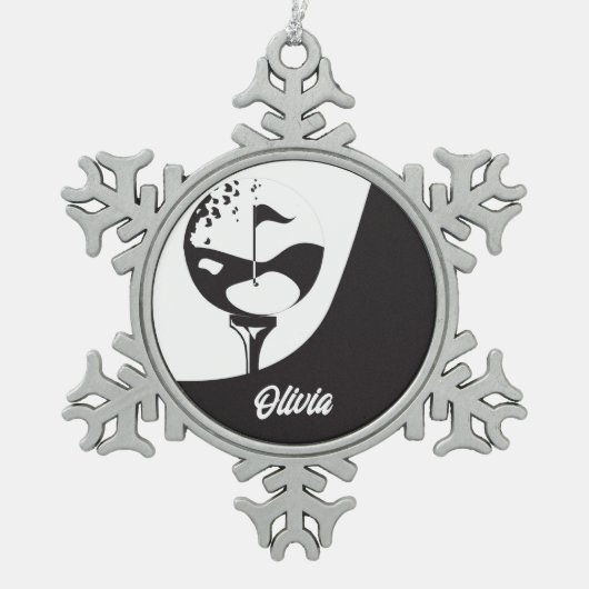 Individuelle Name Hello Black and White Golf Schneeflocken Zinn-Ornament (Vorderseite)
