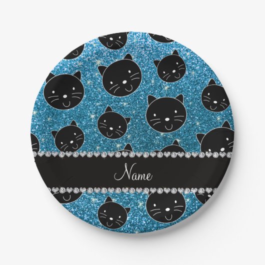 Individuelle Name Himmelblau Glitzer Schwarze Katz Pappteller (Vorderseite)