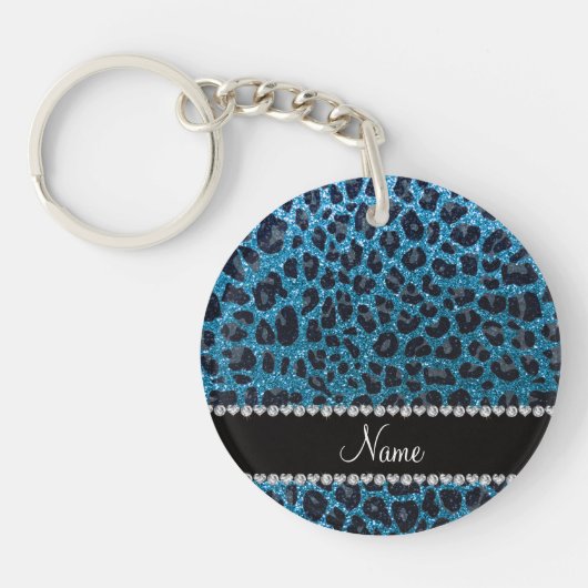 Individuelle Name Himmelsblau Glitzer Leoparden Schlüsselanhänger (Vorderseite)