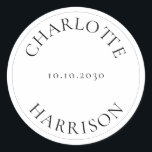 Individuelle Name Hochzeitsgeschenk für Tagaufkleb Runder Aufkleber<br><div class="desc">Text anpassen,  Name Hochzeitsgeschenk bevorzugen Tag Aufkleber mit dünnen Rahmen. Namen und Datum,  elegant minimalistisch,  Schwarz und Weiß.</div>