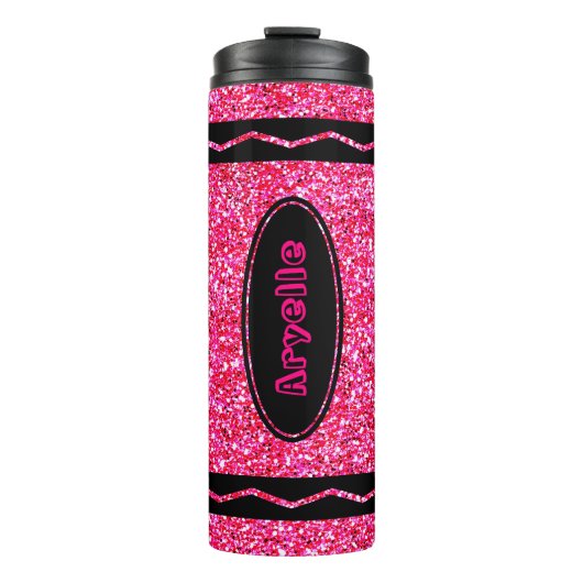 individuelle Name Hot Pink Glitzer Crayon Drink Tu Thermosbecher (Vorderseite)
