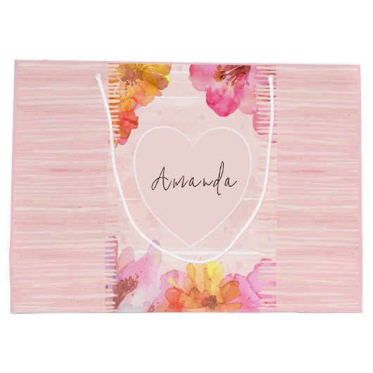 Individuelle Name Hübsch Rosa Blumenfarbe Große Geschenktüte (Rückseite)