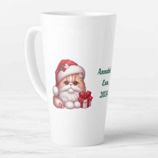 Individuelle Name-Katze mit dem Hut des Weihnachts Milchtasse (Linke Ecke)