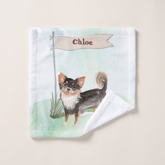 Individuelle Name Langhaariger Chihuahua Haustier  Badhandtuch Set (Waschlappen)