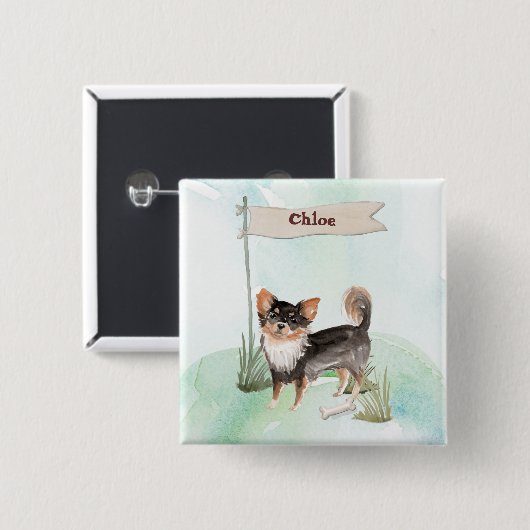 Individuelle Name Langhaariger Chihuahua Haustier Button (Vorne & Hinten)