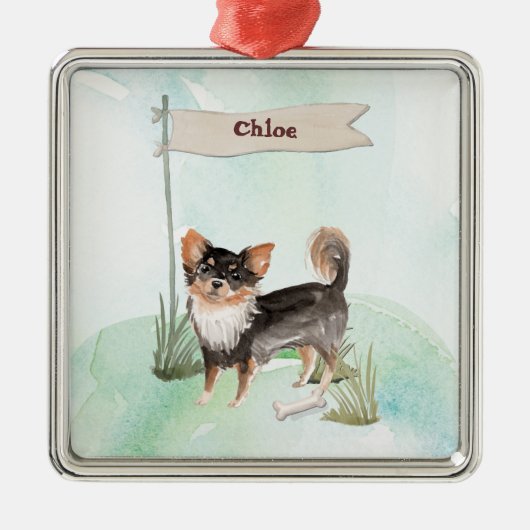 Individuelle Name Langhaariger Chihuahua Haustier  Ornament Aus Metall (Vorne)