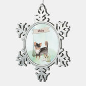 Individuelle Name Langhaariger Chihuahua Haustier  Schneeflocken Zinn-Ornament (Rechts)